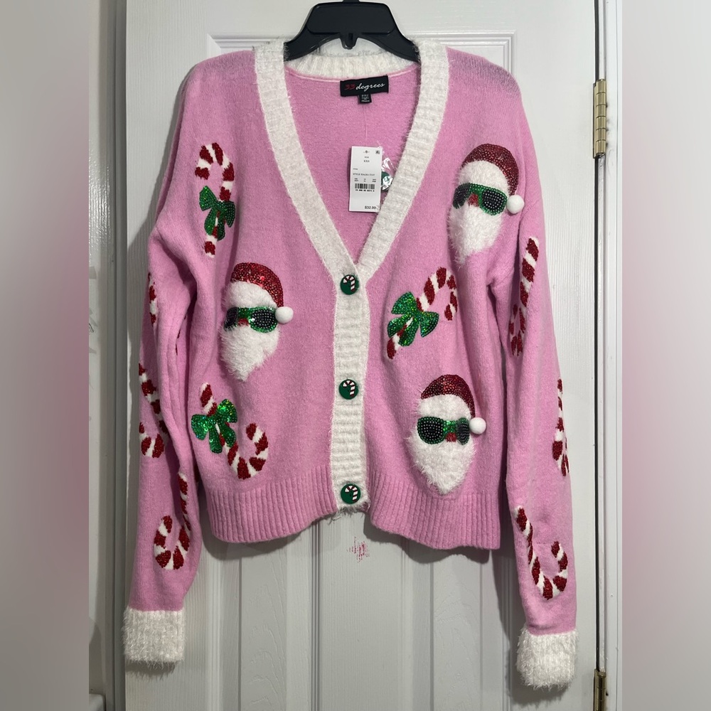 Women’s Santa print Christmas Festive Cardigan Sweater XXS New!